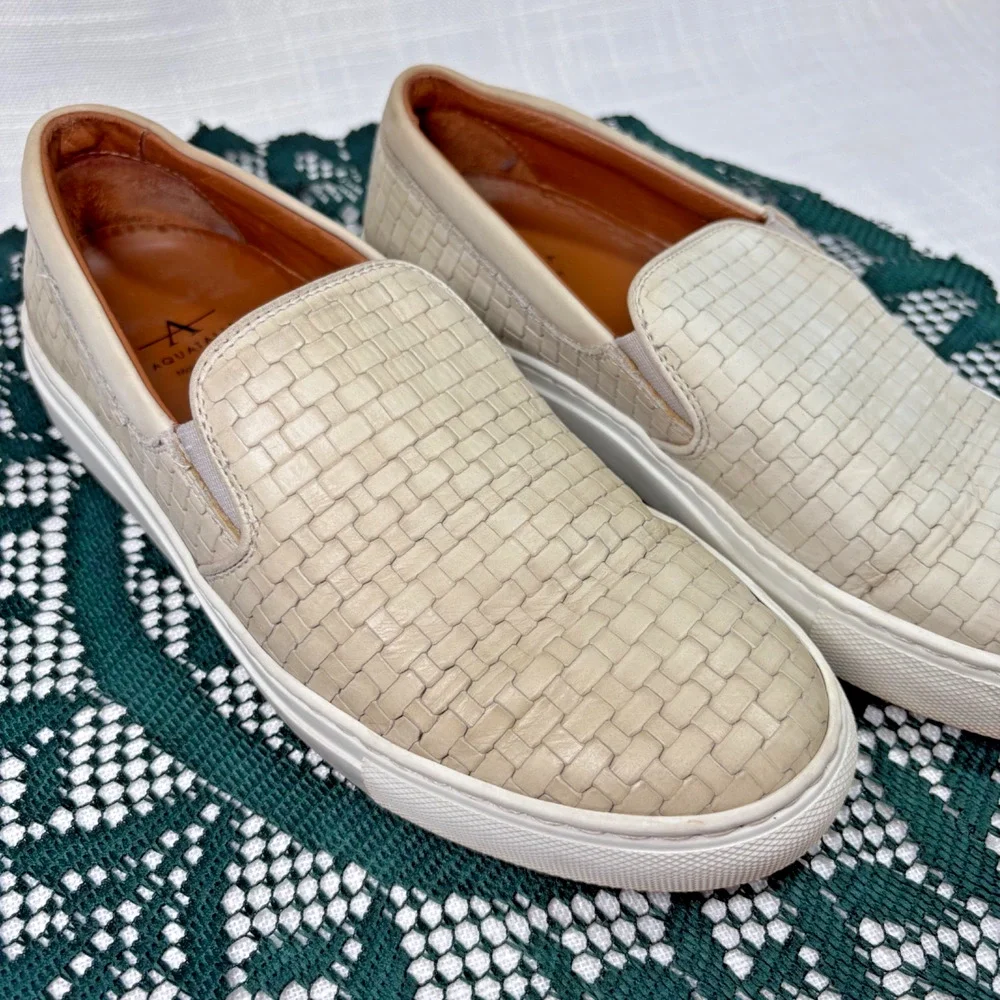 Aquatalia Ashlynn Embossed Calf Size 7 Cream/Grey Woven Leather Made Italy